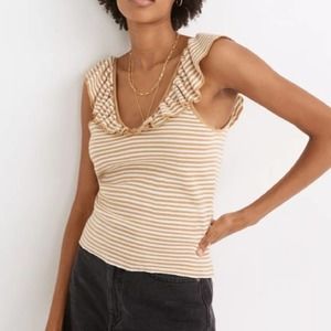Madewell Soft Merino Wool Blend Ruffle Stripe Sleeveless Sweater Tan Ivory Small